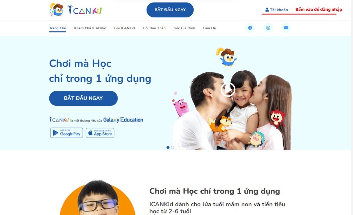 Vào website icankid.vn, chọn "Tài khoản" 